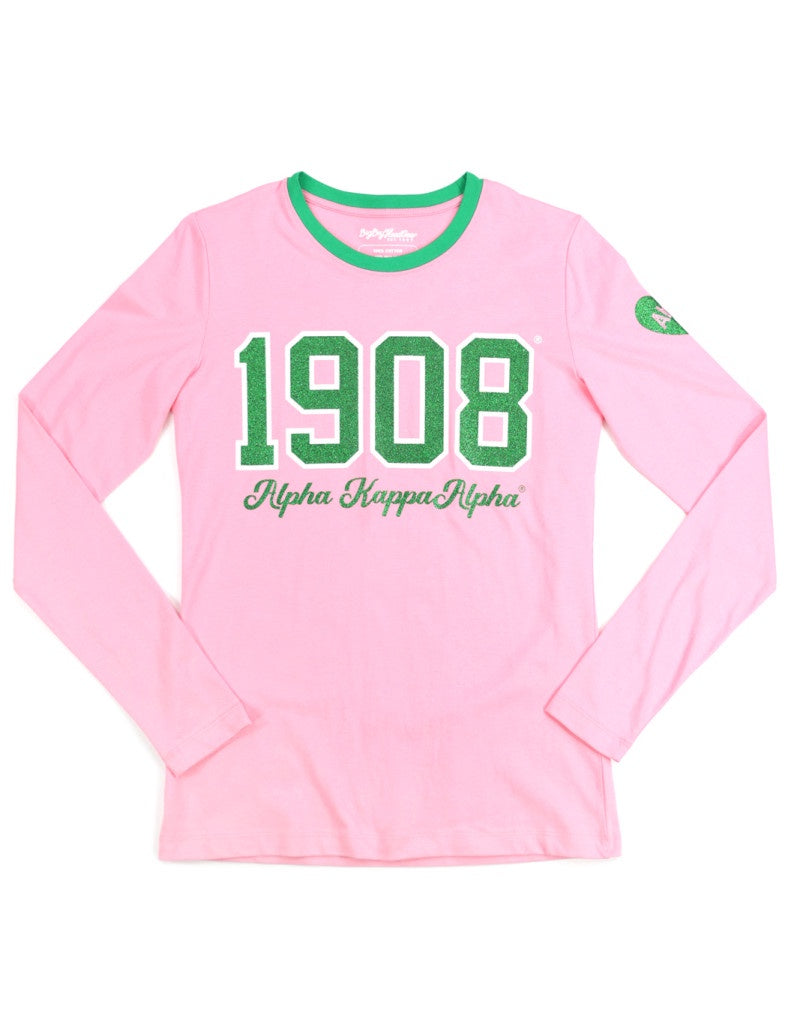 Alpha Kappa Alpha AKA 1908 Greek Ladies Long Sleeve Glitter Print Tee with Contrast neckband and heart on sleeve with Greek Letters Pink Tee with Green Pink and White print or Black Tee with Pink and Green Print or Green Tee with Pink Green and White Print