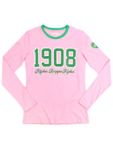 Alpha Kappa Alpha AKA 1908 Greek Ladies Long Sleeve Glitter Print Tee with Contrast neckband and heart on sleeve with Greek Letters Pink Tee with Green Pink and White print or Black Tee with Pink and Green Print or Green Tee with Pink Green and White Print
