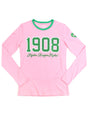 Alpha Kappa Alpha AKA 1908 Greek Ladies Long Sleeve Glitter Print Tee with Contrast neckband and heart on sleeve with Greek Letters Pink Tee with Green Pink and White print or Black Tee with Pink and Green Print or Green Tee with Pink Green and White Print