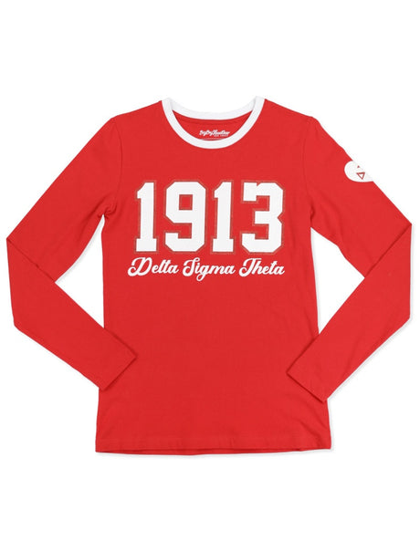 Delta Sigma Theta 1913 Greek Ladies Long Sleeve Glitter Print Tee with Contrast neckband and heart on sleeve with Greek Letters Red Tee with Red and White Print or Black Tee with Red and White Print