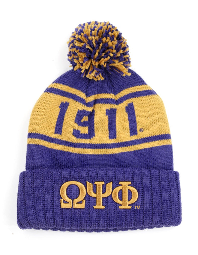 Omega Psi Phi 1911 Invictus Beanie Hat Toboggan Winter Knit Purple and Gold