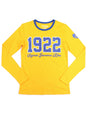 Sigma Gamma Rho 1922 Greek Ladies Long Sleeve Glitter Print Tee with Contrast neckband and heart on sleeve with Greek Letters Gold Tee with Blue White and Gold Print or Blue Tee with Blue White and Gold Print